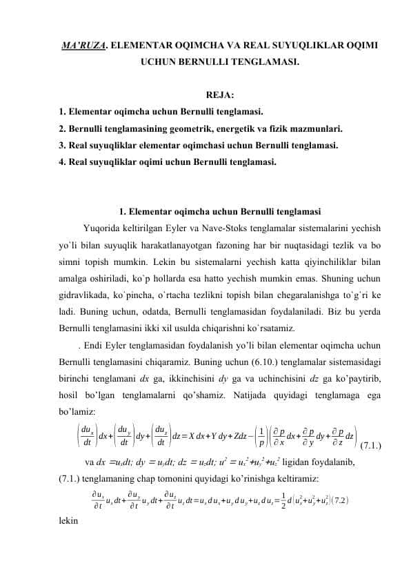 ELEMENTAR OQIMCHA VA REAL SUYUQLIKLAR OQIMI UCHUN BERNULLI TENGLAMASI