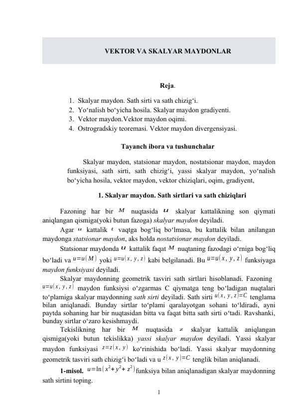 VEKTOR VA SKALYAR MAYDONLAR