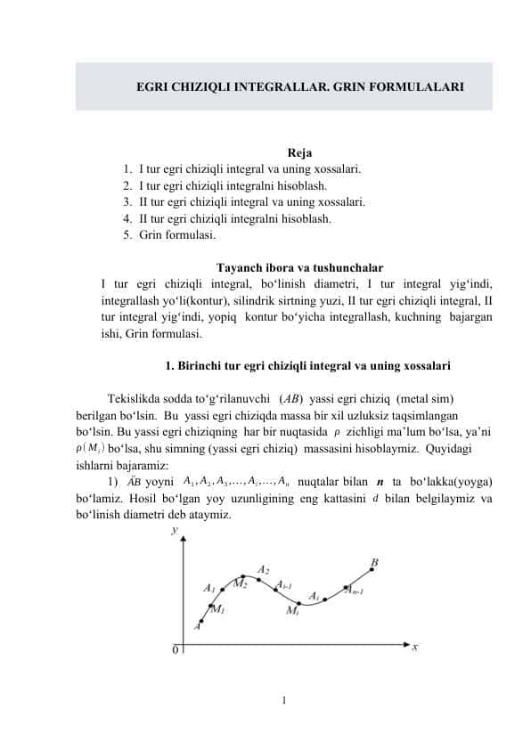 EGRI CHIZIQLI INTЕGRALLAR. GRIN FORMULALARI
