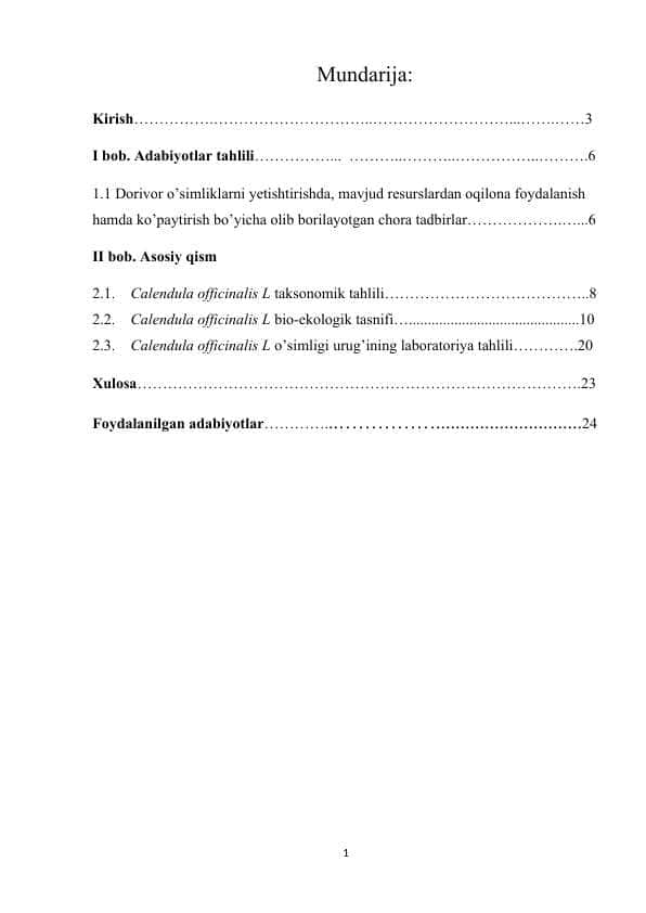 Dorivor tirnoqgul - Calendula officinalis L o’simligi urug’larining laboratoriya tahlili