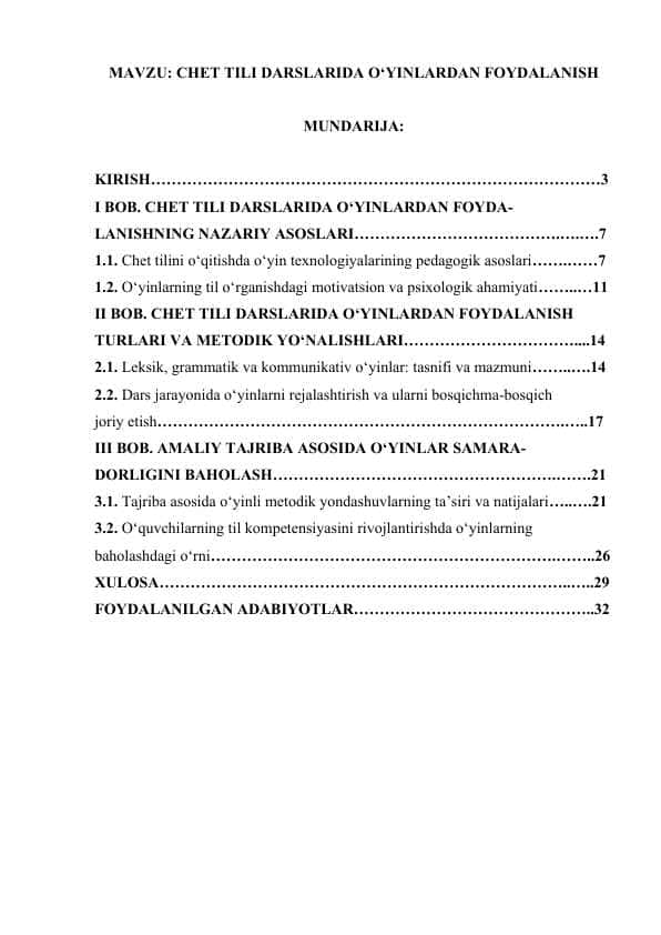 CHET TILI DARSLARIDA O‘YINLARDAN FOYDALANISH.docx