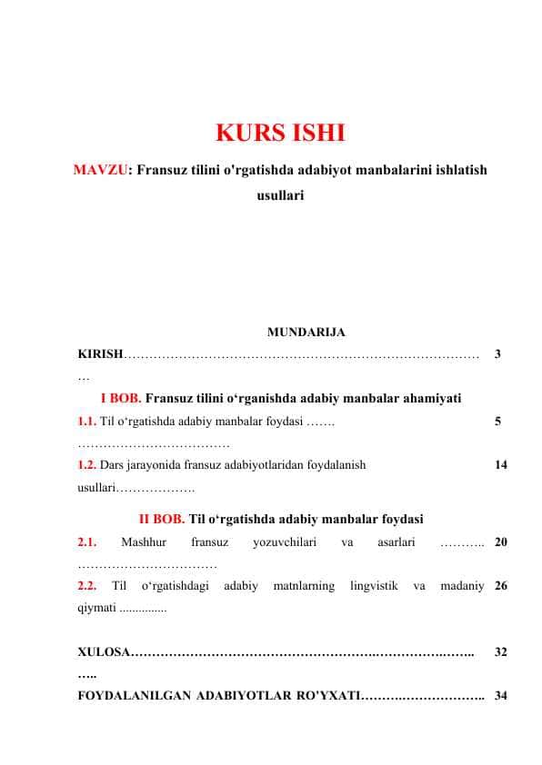 Fransuz tilini o'rgatishda adabiyot manbalarini ishlatish usullari (KURS ISHI)