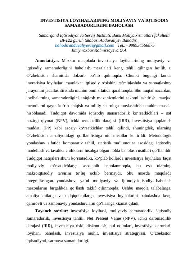investitsiya fanidan maqola chiqartirilmagan