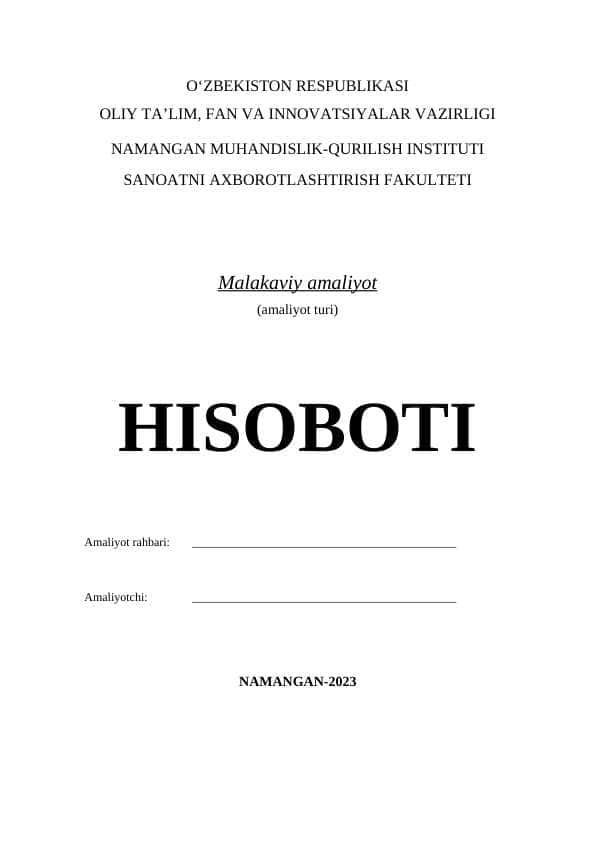 Kasb-hunar maktabida malakaviy amaliyot hisoboti