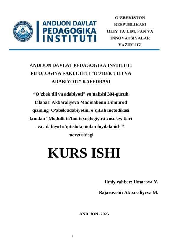 Modulli ta'lim texnologiyasi xususiyatlari va adabiyot o'qitishda undan foydalanish KURS ISHI