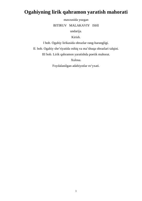 Ogahiyning lirik qahramon yaratish mahorati Bitiruv malakaviy ishi