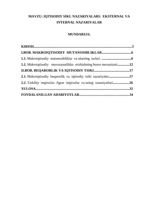 IQTISODIY SIKL NAZARIYALARI EKSTERNAL VA INTERNAL NAZARIYALAR