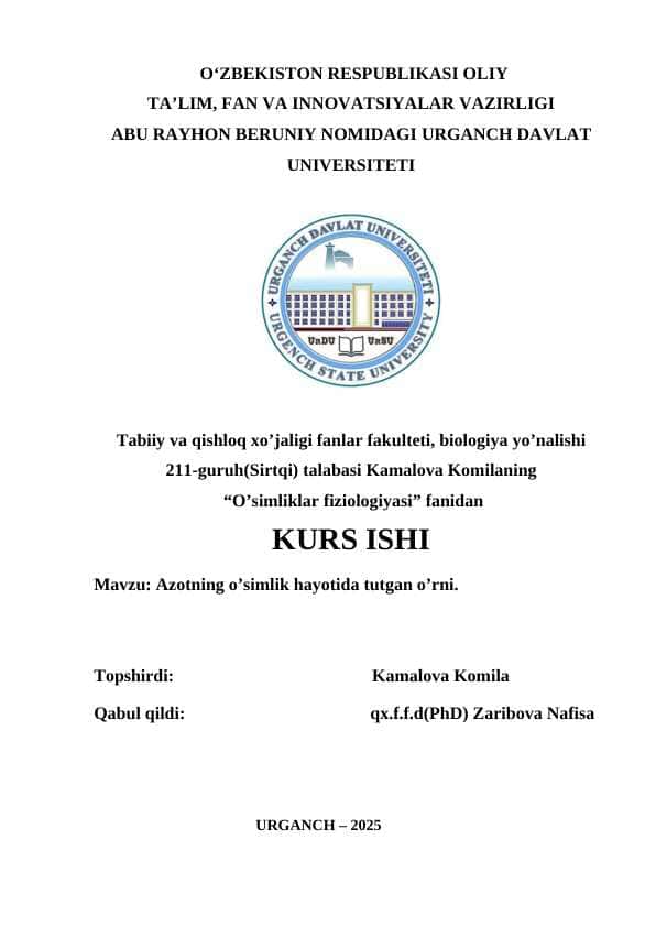 AZOTNİNG O’SİMLİK HAYOTİDA TUTGAN O’RNİ