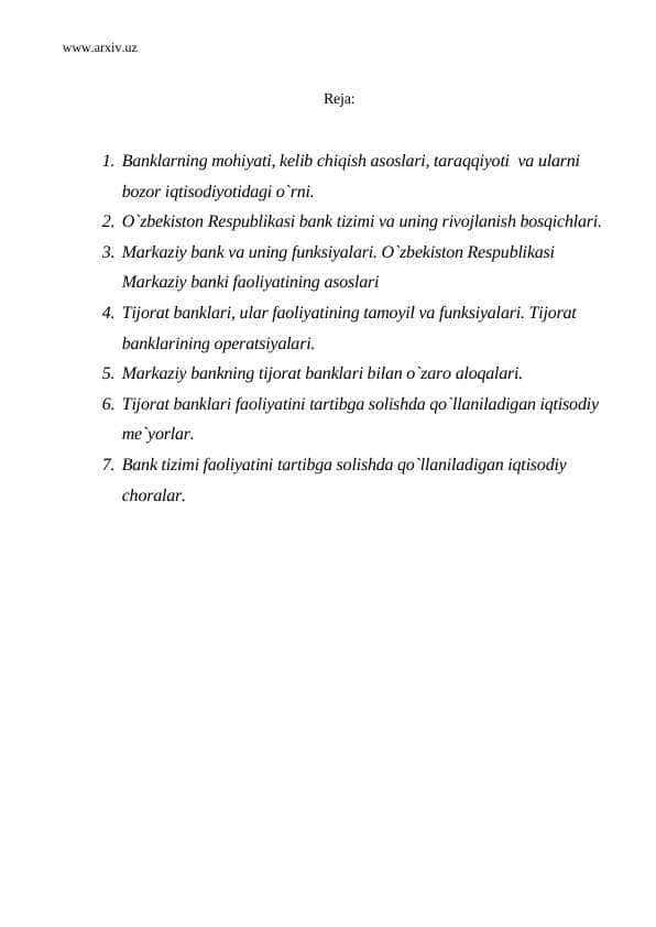 Banklar va bank faoliyati turlari
