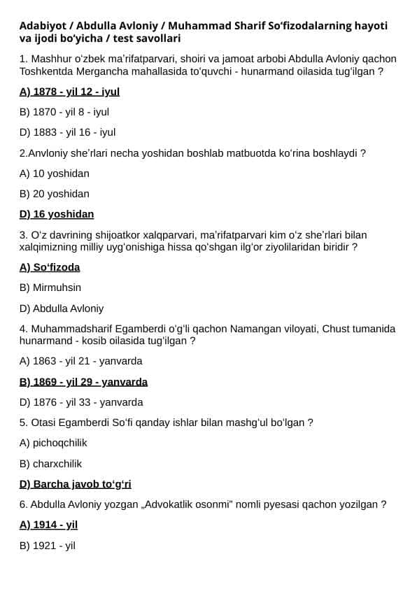 Adabiyot / Abdulla Avloniy / Muhammad Sharif Soʻfizodalarning hayoti va ijodi boʻyicha / 21 ta test savollari /