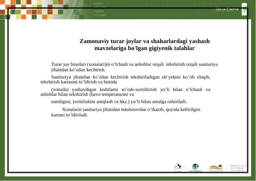 Zamonaviy turar joylar va shaharlardagi yashash mavzelariga bo'lgan gigiyenik talablar