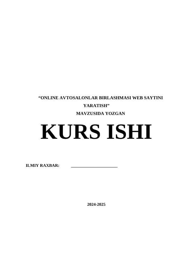 ONLINE AVTOSALONLAR BIRLASHMASI WEB SAYTINI YARATISH