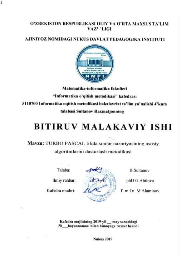 Turbo Pascal tilida sonlar nazariyasining asosiy algoritmlarini dasturlash metodikasi