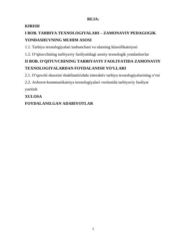 O‘qituvchining tarbiya texnologiyalari asosida faoliyat olib borishi