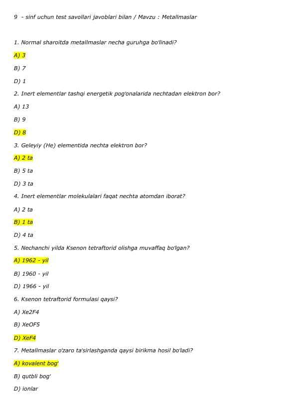 9 - sinf uchun Kimyo kimyo fanidan test savollari / Mavzu : Metallmaslar 20 ta test