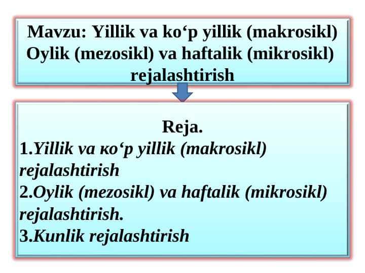 Yillik va ko‘p yillik (makrosikl) Oylik (mezosikl) va haftalik (mikrosikl) rejalashtirish