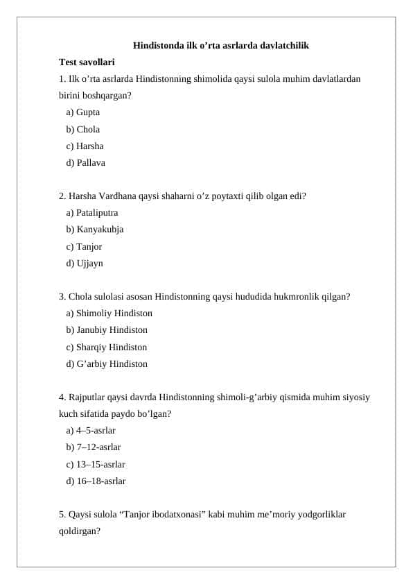Hindistonda ilk o’rta asrlarda davlatchilik test