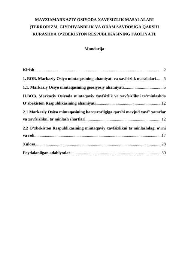 MARKAZIY OSIYODA XAVFSIZLIK MASALALARI (TERRORIZM, GIYOHVANDLIK VA ODAM SAVDOSIGA QARSHI KURASHDA O‘ZBEKISTON RESPUBLIKASINING FAOLIYATI
