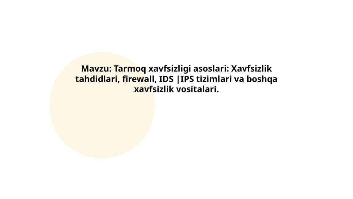 Tarmoq xavfsizligi asoslar Xavfsizlik tahdidlari firewall IDS IPS tizimlari va boshqa xavfsizlik vositalari