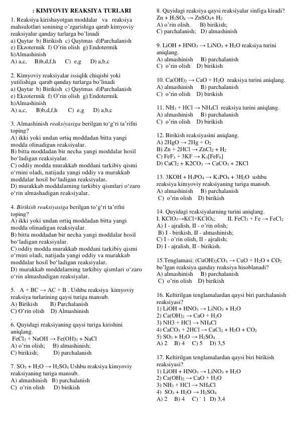 KIMYOVIY REAKSIYA TURLARI test