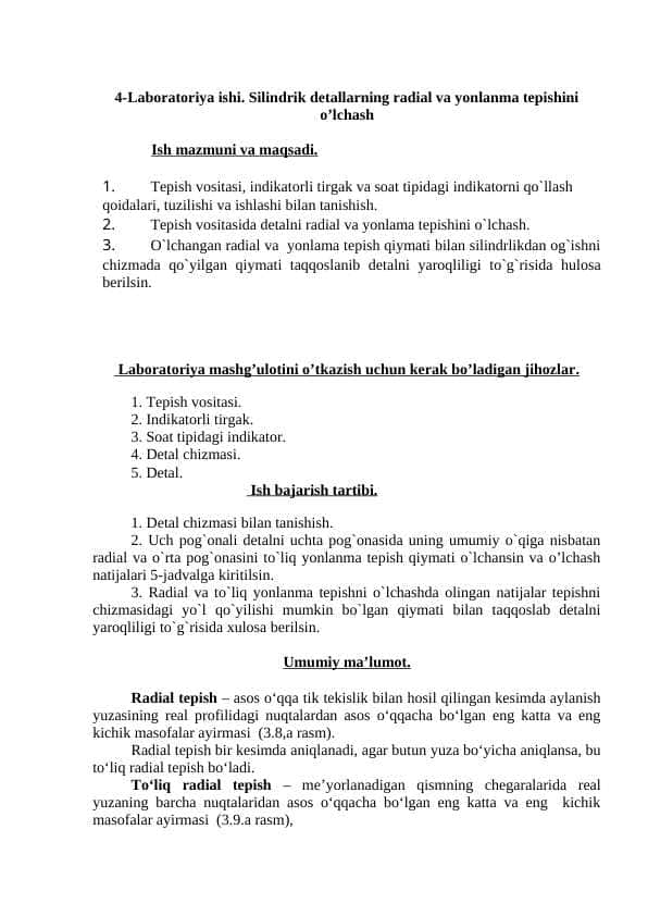 Silindrik detallarning radial va yonlanma tepishini o’lchash