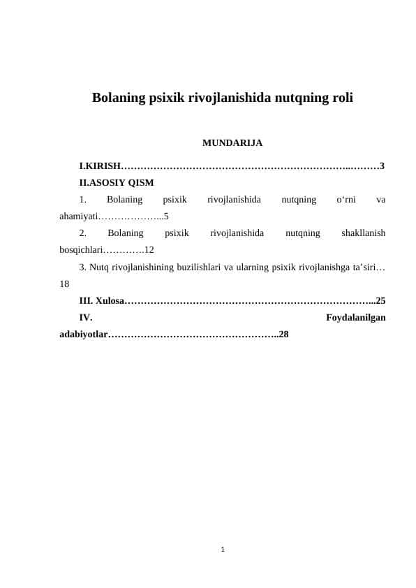 Bolaning psixik rivojlanishida nutqning roli