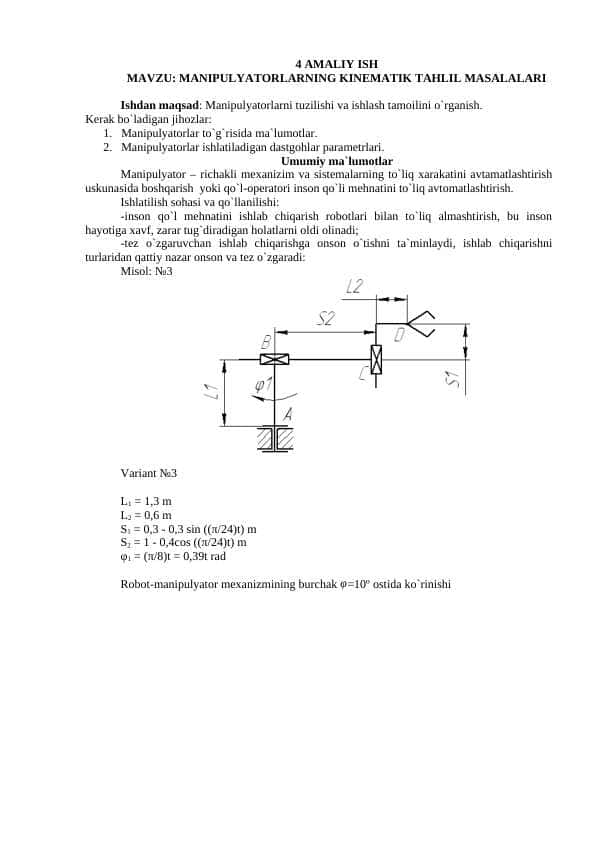 MANIPULYATORLARNING KINEMATIK TAHLIL MASALALARI