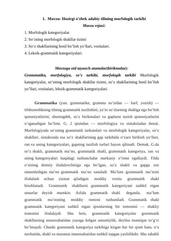 Hozirgi o’zbek adabiy tilining morfologik tarkibi