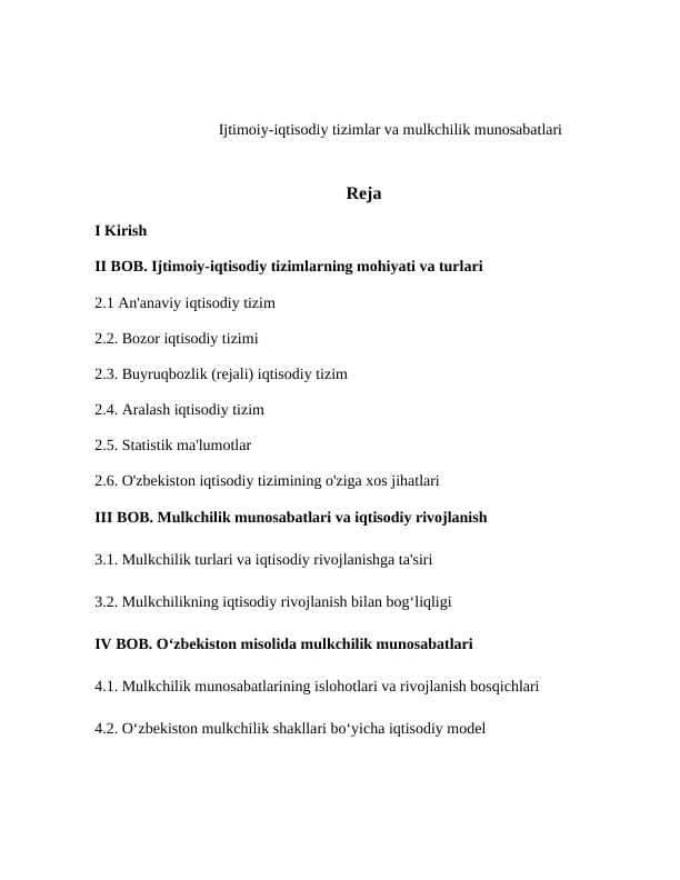 Ijtimoiy-iqtisodiy tizimlar va mulkchilik munosabatlari