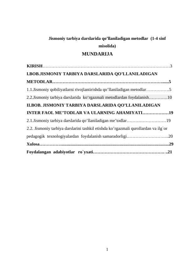 Jismoniy tarbiya darslarida qo’llaniladigan metodlar (1-4 sinf misolida)
