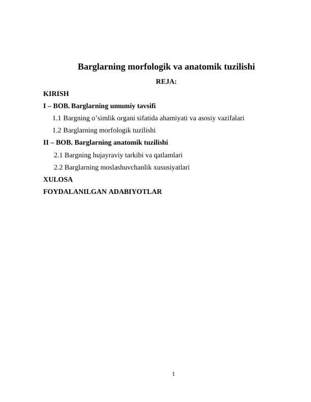 Barglarning morfologik va anatomik tuzilishi