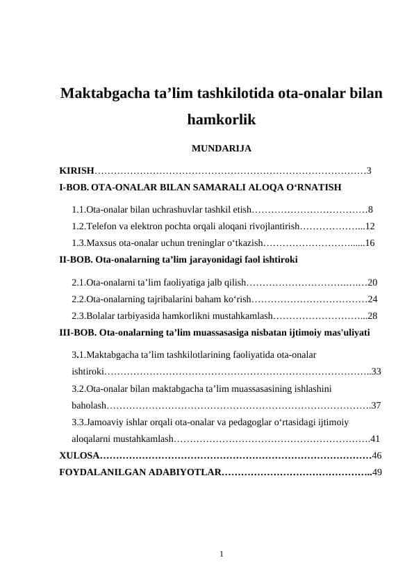 Maktabgacha ta’lim tashkilotida ota-onalar bilan hamkorlik