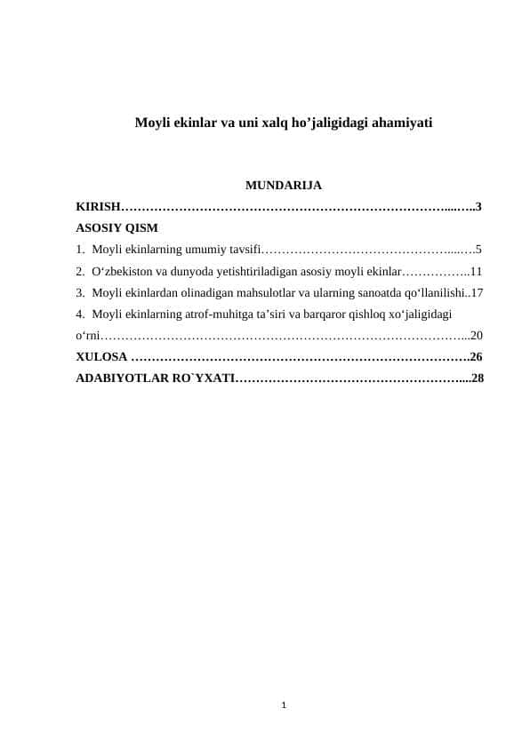 Moyli ekinlar va uni xalq ho’jaligidagi ahamiyati