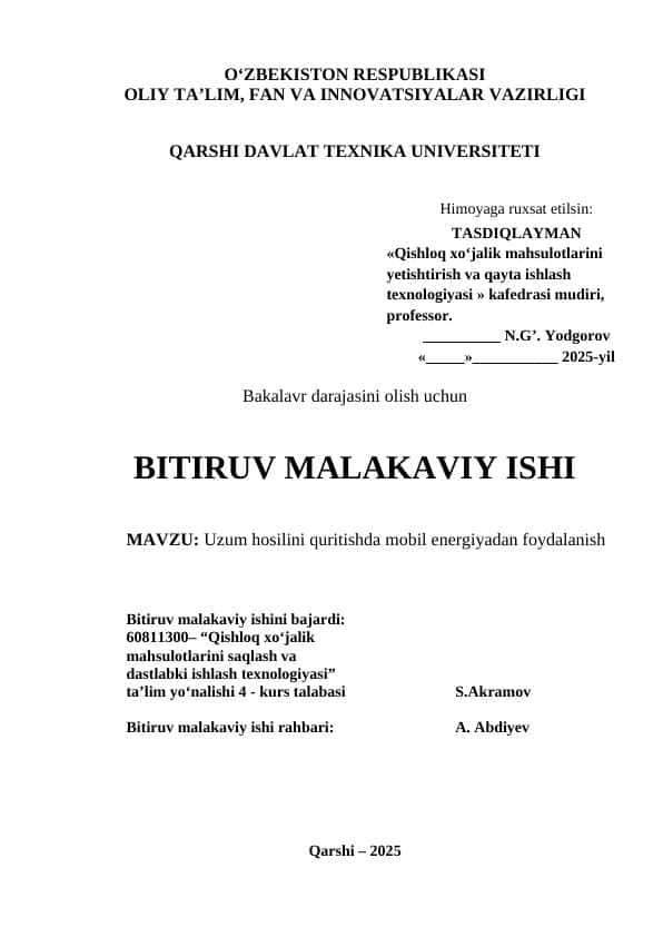UZUM HOSILINI QURITISHDA MOBIL ENERGIYADAN FOYDALANISH