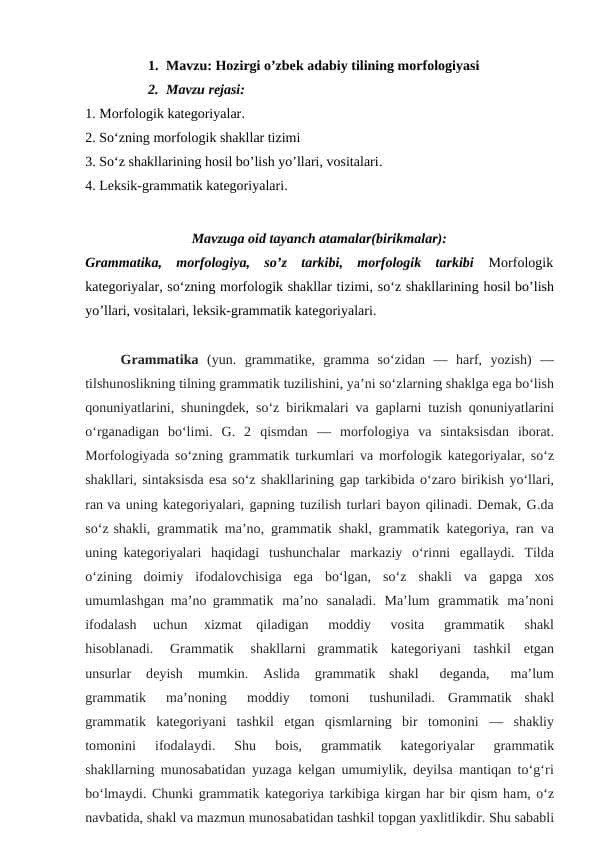 Hozirgi o’zbek adabiy tilining morfologiyasi
