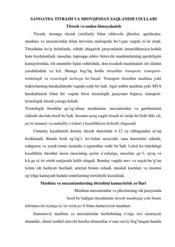SANOATDA TITRASH VA SHOVQINDAN SAQLANISH USULLARI
