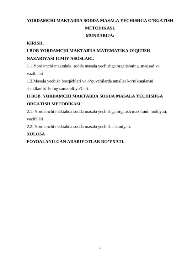 Yordamchi maktabda sodda masala yechishga o’rgatish metodikasi