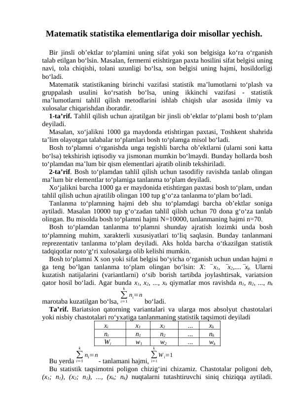 Matematik statistika elementlariga doir misollar yechish.