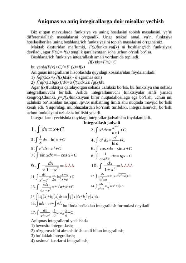 Aniqmas va aniq integirallarga doir misollar yechish