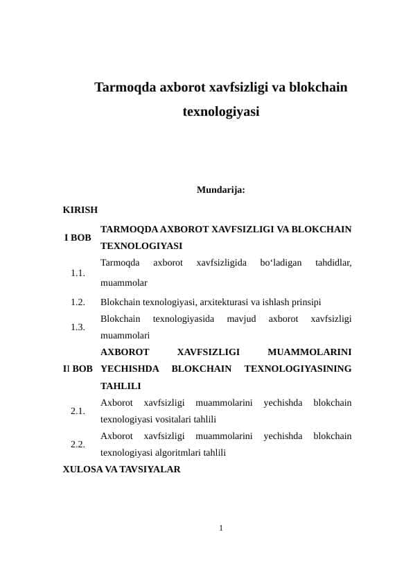 Tarmoqda axborot xavfsizligi va blokchain texnologiyasi