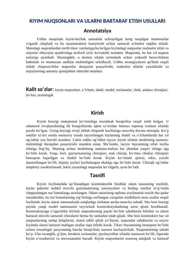 KIYIM NUQSONLARI VA ULARNI BARTARAF ETISH USULLARI