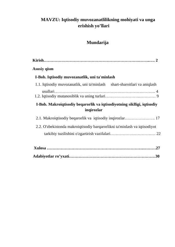 Iqtisodiy muvozanatlilikning mohiyati va unga erishish yo’llari