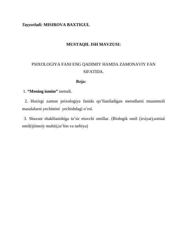 PSIXOLOGIYA FANI ENG QADIMIY HAMDA ZAMONAVIY FAN SIFATIDA
