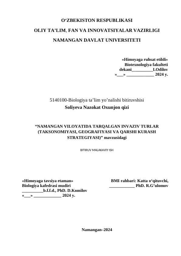 NAMANGAN VILOYATIDA TARQALGAN INVAZIV TURLAR (TAKSONOMIYASI, GEOGRAFIYASI VA QARSHI KURASH STRATEGIYASI)