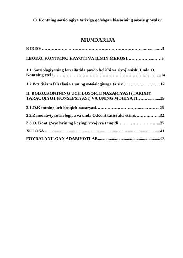 O. Kontning sotsiologiya tarixiga qo‘shgan hissasining asosiy g‘oyalari