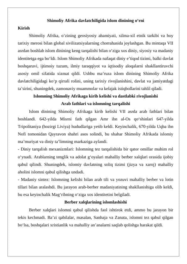 Shimoliy Afrika davlatchiligida islom dinining o‘rni ma'ruza