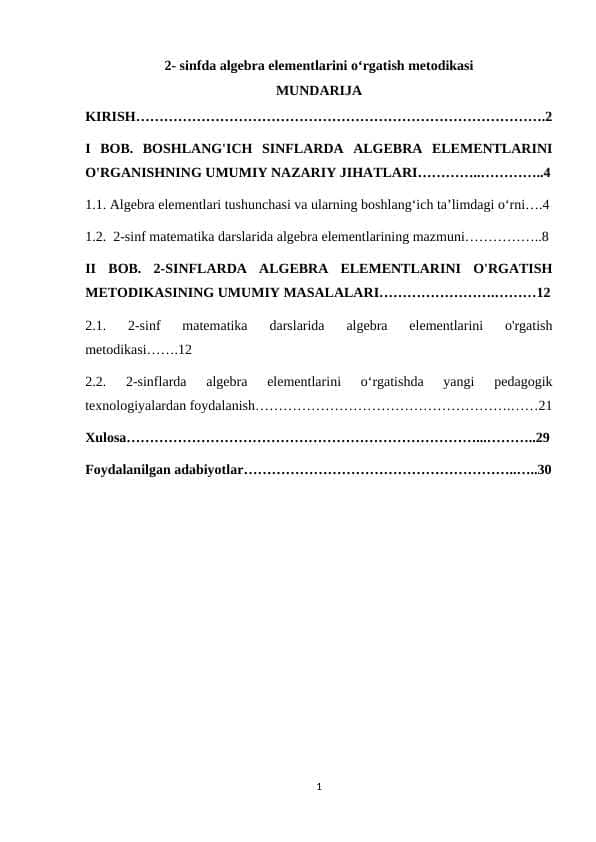 2 sinfda algebra elementlarini o‘rgatish metodikasi