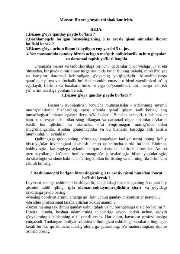 Biznes g‘oyalarni shakllantirish