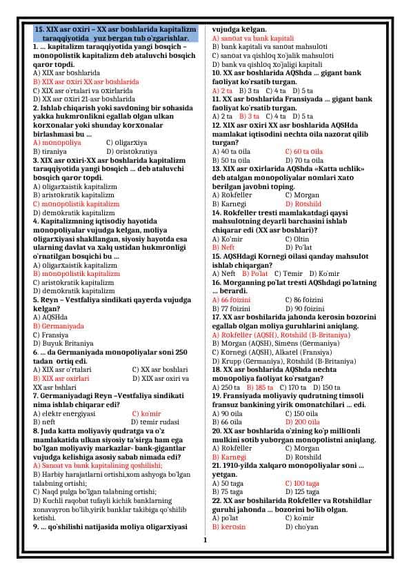 9 jahon mavzulashgan test tayyor javoblari bilan TARIX