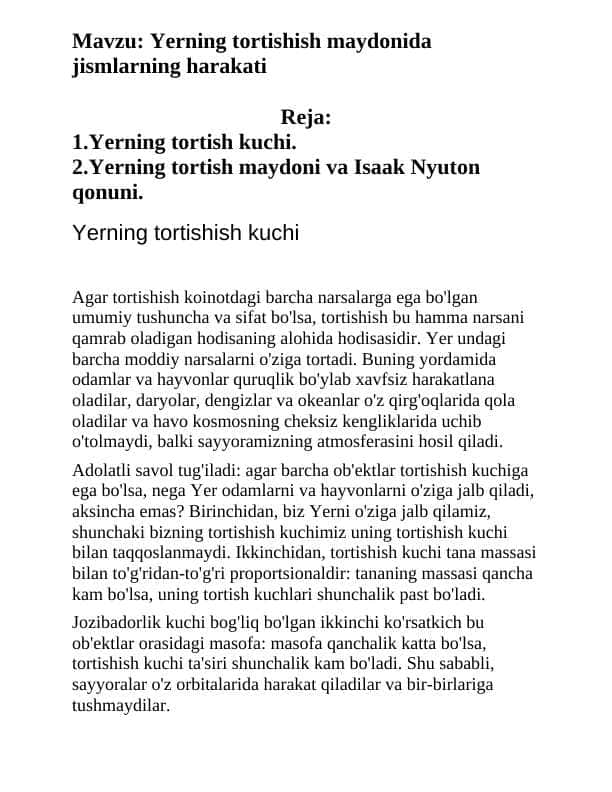 Yerning tortishish maydonida jismlarning harakati